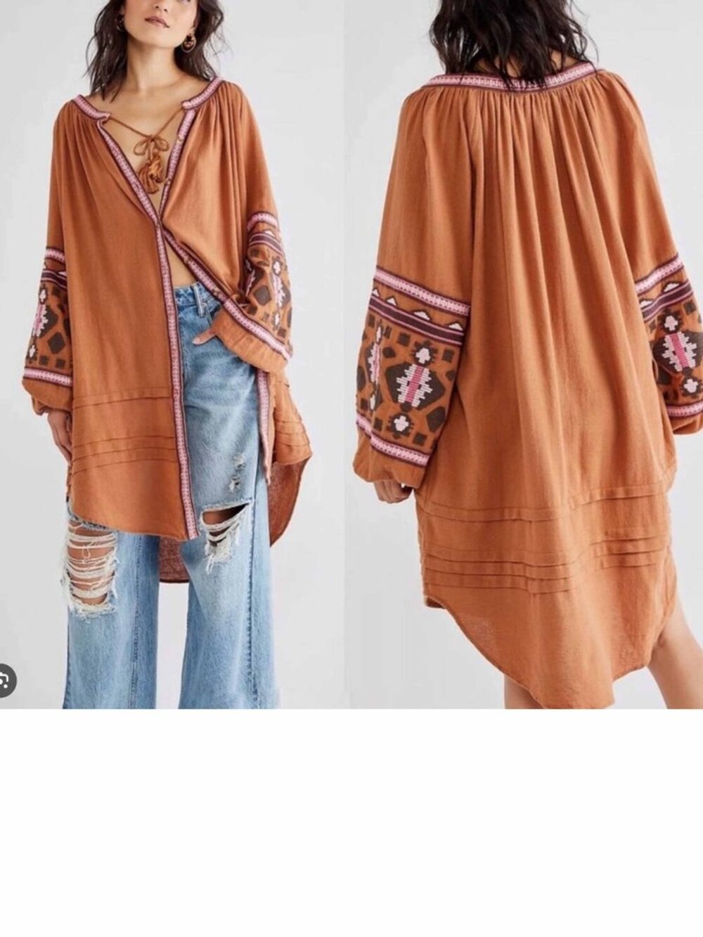 Free People Brown Embroidered Tunic Size M